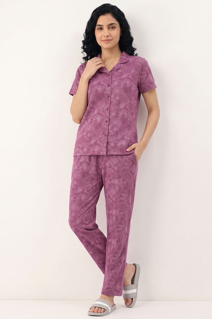 Zivame Mixed Fruit Buttersoft Knit Poly Pyjama Set - Red Violet — image 5